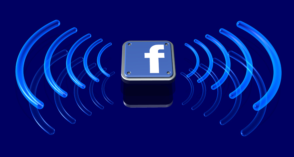 3d illustration of a series of transparent blue signal waves radiating away from a metallic Facebook logo over a reflective blue surface