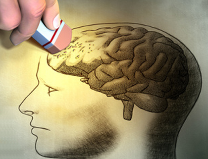 Someone is erasing a drawing of the human brain. Conceptual image relating to dementia and memory loss. Digital illustration.