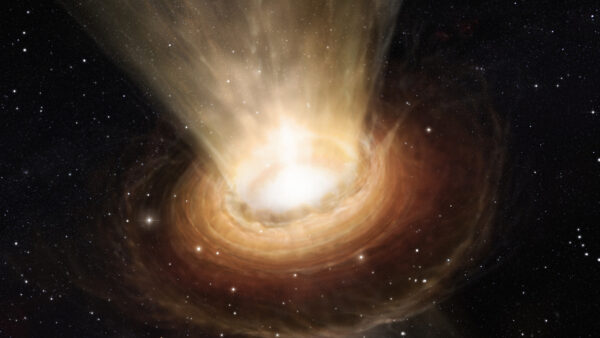 This artist’s impression shows the surroundings of the supermassive black hole at the heart of the active galaxy NGC 3783 in the southern constellation of Centaurus (The Centaur). New observations using the Very Large Telescope Interferometer at ESO’s Paranal Observatory in Chile have revealed not only the torus of hot dust around the back hole but also a wind of cool material in the polar regions.