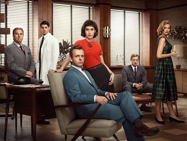 Nicholas D'Agosto as Dr. Ethan Haas, Michael Sheen as Dr. William Masters, Lizzy Caplan as Virginia Johnson, Teddy Sears as Dr. Austin Langham and Caitlin Fitzgerald as Libby Masters in Masters of Sex (season 1) - Photo: Erwin Olaf/SHOWTIME - Photo ID: MOS1_PR04_WAITSIX_4C_300