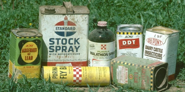 Collection of pesticides, including DDT, that were still in use by some farmers in the 1970's. Photo was taken at a Kansas farm in 1976.
