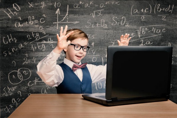 Kid Looking at Laptop, Child with Notebook, Little Boy Mathematics Formula on Chalkboard