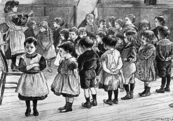 1891: A schoolgirl standing on a chair to take the register of her class at a boarding school. Original Publication: The Graphic - pub. 1891 (Photo by Rischgitz/Getty Images)