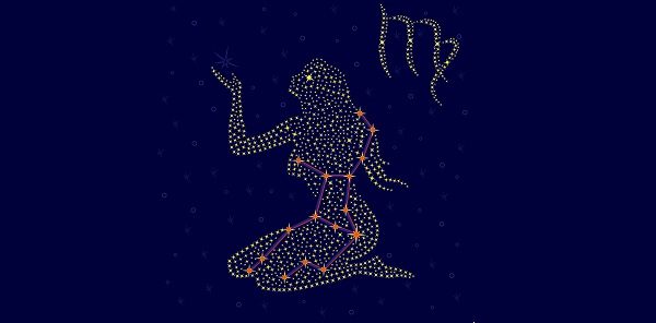 Zodiac sign Virgo on a background of the starry sky with the scheme of stars in the constellation vector illustration