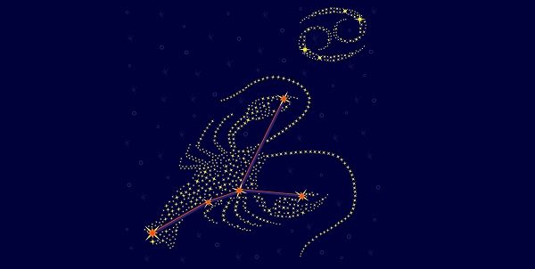 Zodiac sign Cancer on a background of the starry sky with the scheme of stars in the constellation vector illustration