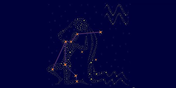 Zodiac sign Aquarius on a background of the starry sky with the scheme of stars in the constellation vector illustration