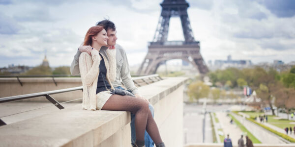 Loving couple near the Eiffel Tower in Paris