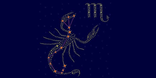 Zodiac sign Scorpio on a background of the starry sky with the scheme of stars in the constellation vector illustration