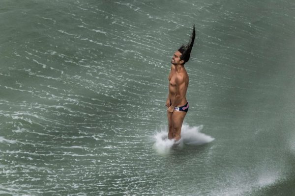 Orlando Duque from Colombia dives from the 27.5 meters platform on the Saint Nicolas Tower during the seeding round of the second stop of the Red Bull Cliff Diving World Series, La Rochelle, France on May 17 2015. // Tomislav Moze/Red Bull Content Pool // P-20150516-00730 // Usage for editorial use only // Please go to www.redbullcontentpool.com for further information. //