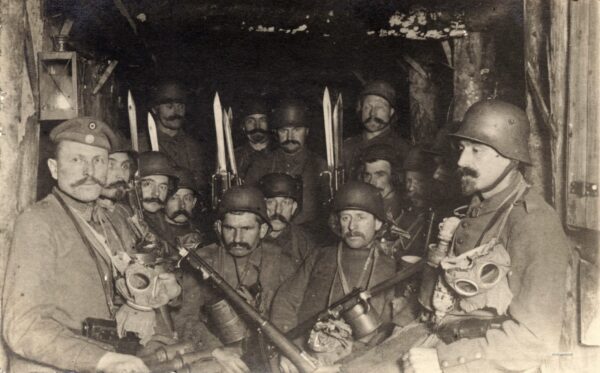 German soldiers in a dug out waiting for an enemy artillery barrage to lift, 1917