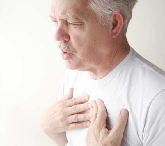 senior has trouble breathing with chest pain