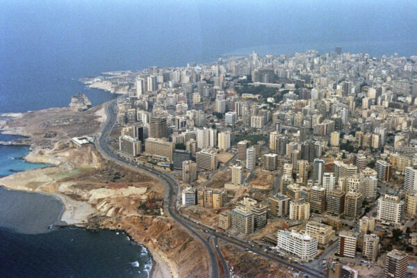 An aerial view of Moslem-occupied West Beirut and the Mediterranean shoreline.  Buildings throughout the city have been damaged by shelling during ongoing confrontation between Israeli forces and the Palestine Liberation Organization.