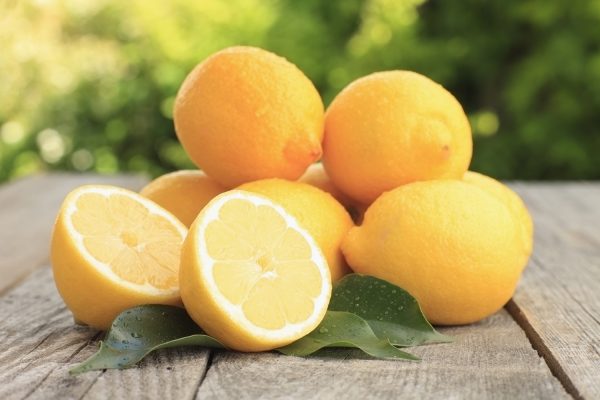 Fresh wet lemon with leaf on the garden table