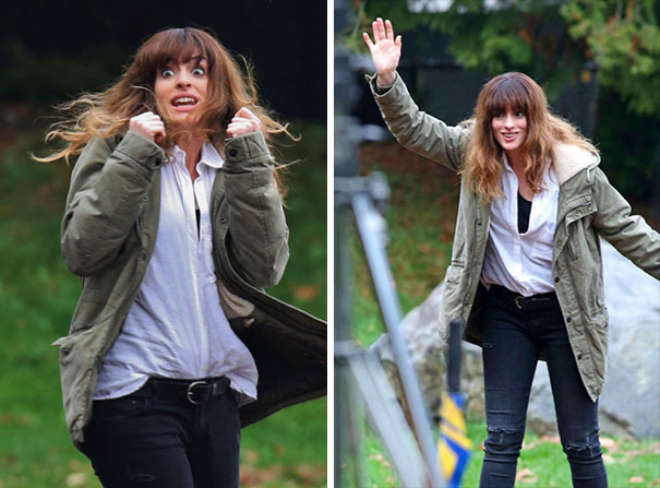 Exclusive... 51883031 First Look: Actors Anne Hathaway and Jason Sudeikis on the set of 'Colossal' in Vancouver, Canada on October 19, 2015. The Sci-Fi thriller is about a woman who discovers that sever catastrophic events are somehow connected to the mental breakdown from which she's suffering. FameFlynet, Inc - Beverly Hills, CA, USA - +1 (818) 307-4813