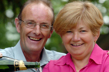 Lottery winner death.File photo dated 20/06/2005 of Baker Keith Gough and his wife Louise from Bridgenorth, Shropshire, celebrating a £9 million Lotto windfall. The former baker who won £9 million on the Lottery has died five years after scooping the jackpot, it was revealed today. Issue date: Monday June 20, 2005. Keith Gough, 58, won the jackpot with his wife Louise in June 2005 but spent much of his winnings on racehorses, fast cars and an executive box at Aston Villa. He died on Saturday at the Princess Royal Hospital in Telford, Shropshire. It is believed he suffered a heart attack. See PA story DEATH Lottery. Photo credit should read: David Jones/PA Wire URN:8604239 (Press Association via AP Images)