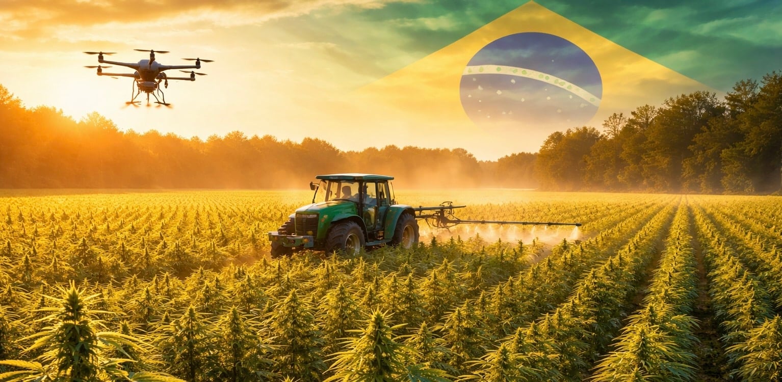 Plantação de cannabis industrial (cânhamo) em ambiente agrícola com bandeira do Brasil ao fundo