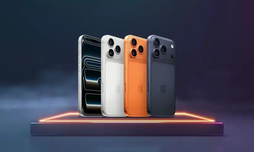 iPhone 17 em destaque sobre mesa minimalista iluminada, com fundo escuro e visual premium, refletindo design da Apple.