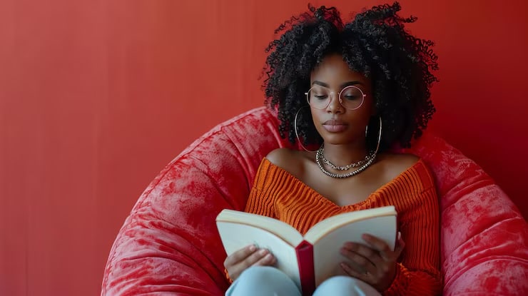 Mulher negra lendo livro em ambiente confortável