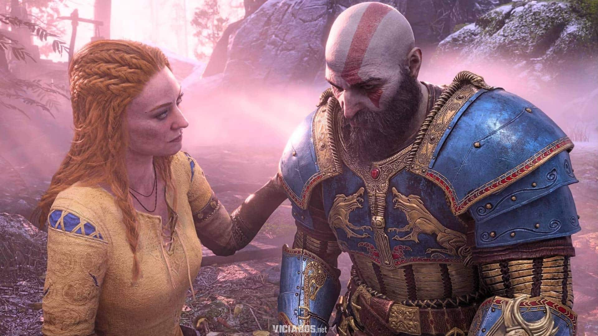 Faye em God of War com Kratos ao fundo em cenário nórdico