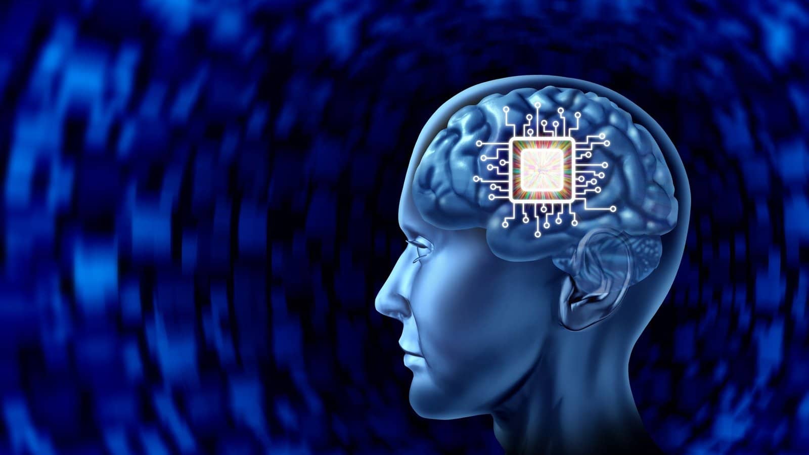 Chip cerebral conectado ao cérebro humano representando tecnologia de interface cérebro-computador