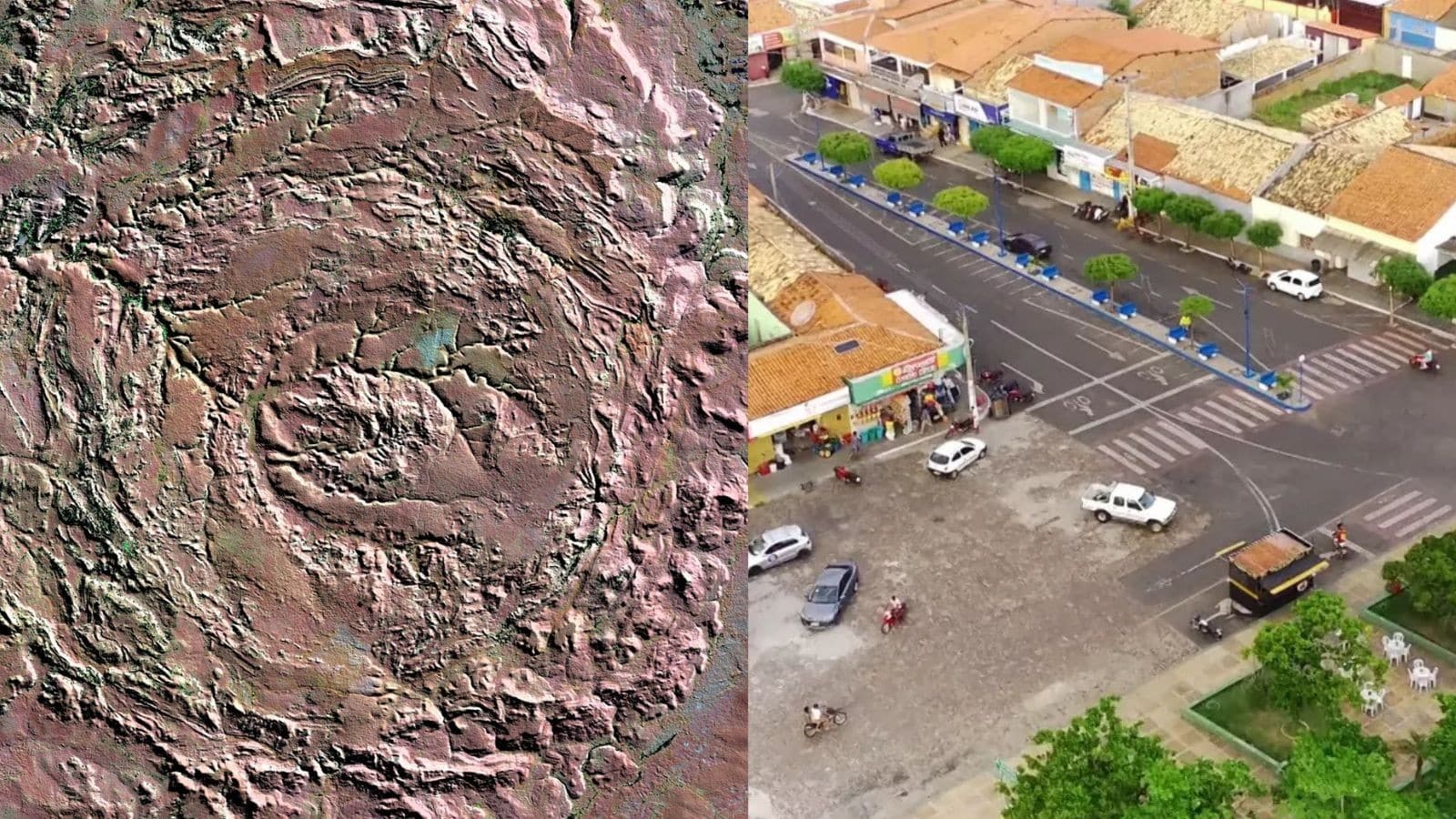 Imagem aérea da cratera no Piauí mostrando formato circular na vegetação da Caatinga