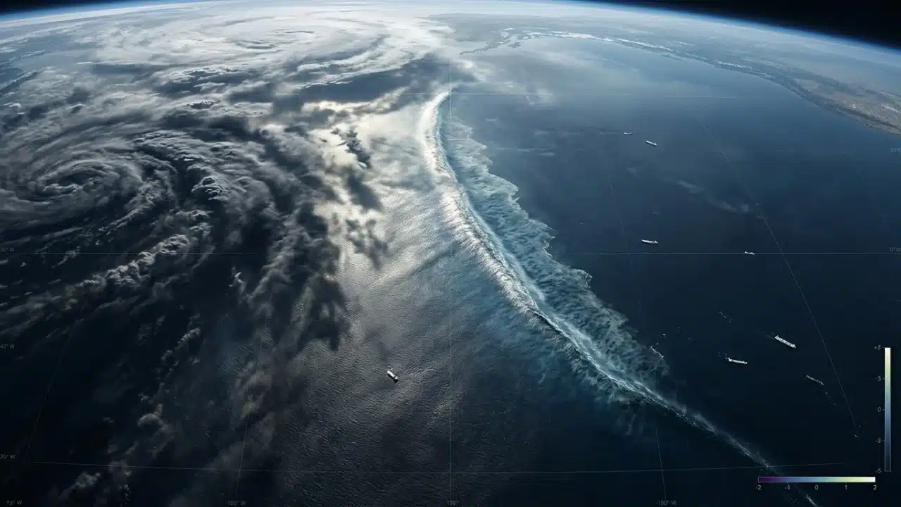 Imagem do satélite SWOT sobre o oceano com visualização artística de um tsunami se espalhando em alta resolução no Pacífico. Foto: (NASA/Reprodução)