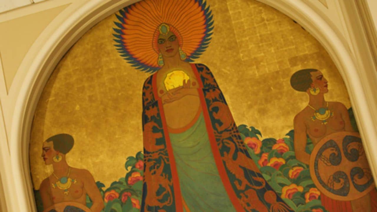 Rainha Calafia em mural no Mark Hopkins Hotel, em São Francisco; obra data de 1926 - Crédito: Domínio público