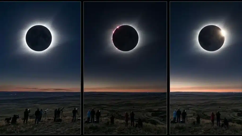 Imagem do Sol sendo completamente coberto pela Lua durante um eclipse solar total com céu escurecendo