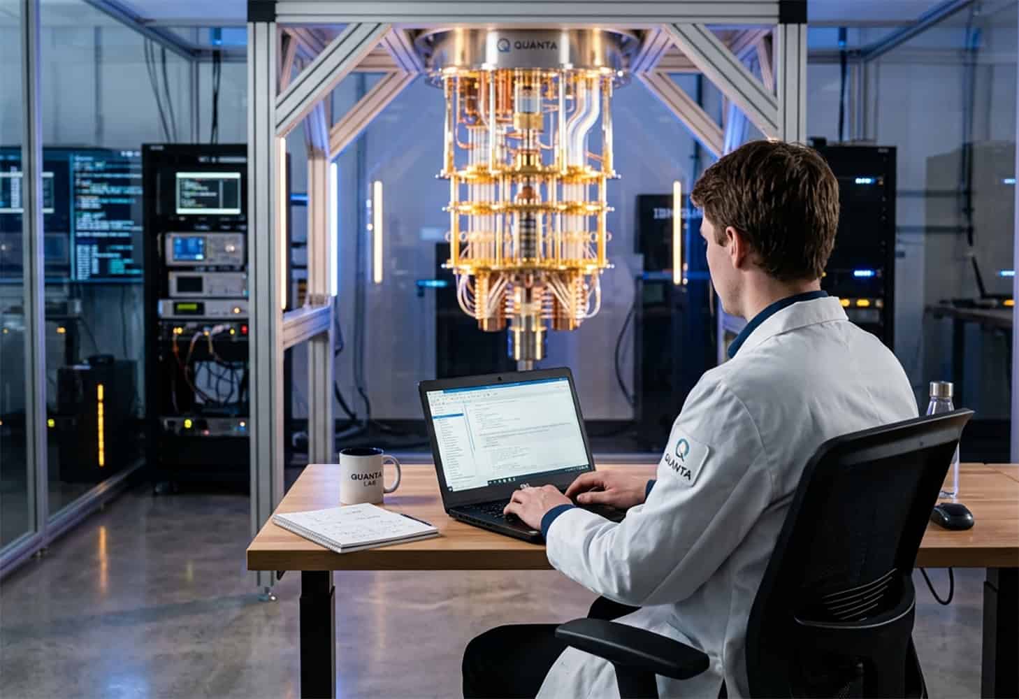 Representação visual de um físico solucionando um problema quântico em um laptop pessoal. - Crédito: Imagem gerada por IA/Gemini