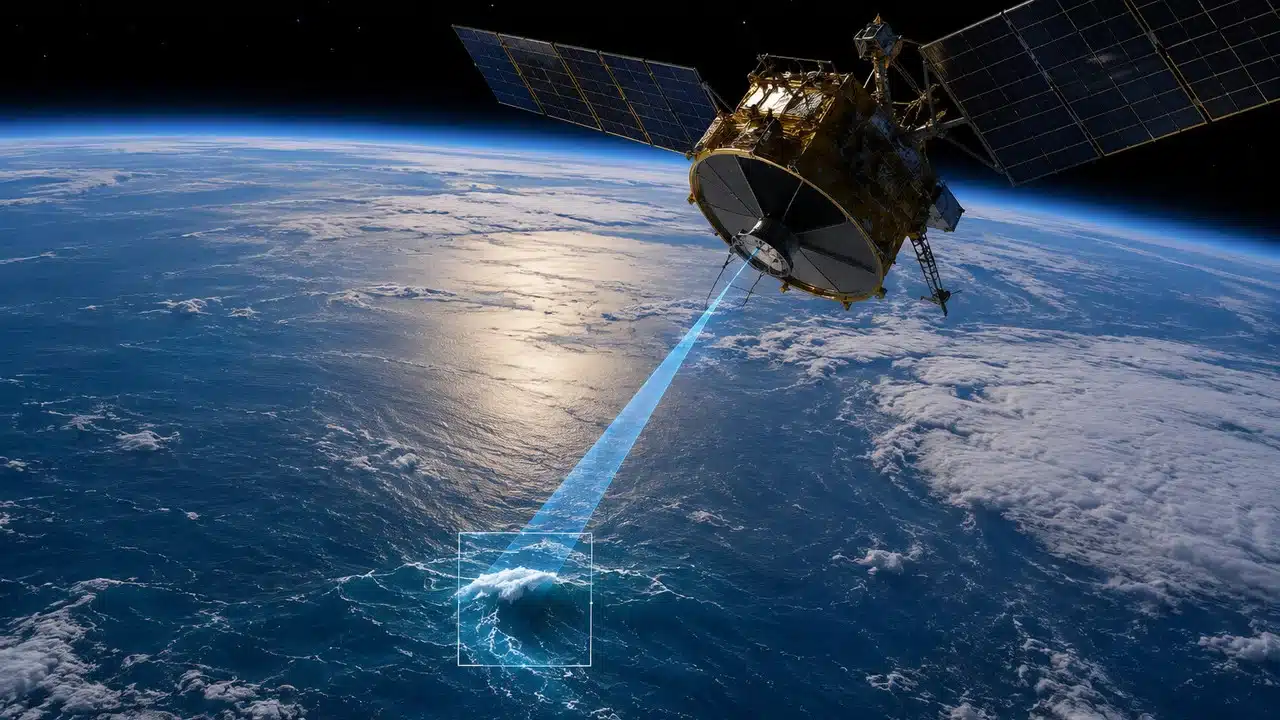 Reconstrução digital de uma onda gigante observada do espaço com o planeta Terra ao fundo e dados do satélite SWOT sobrepostos.