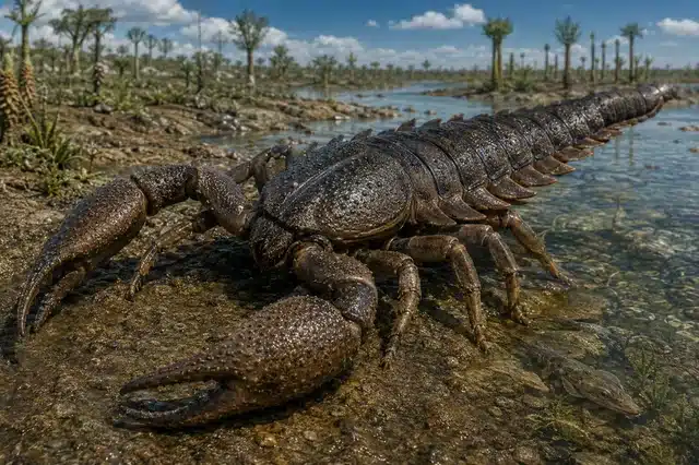 Ilustração científica realista do Praearcturus gigas em ambiente pré-histórico semiaquático, exibindo suas grandes pinças enquanto caça peixes em um rio do período Devoniano.