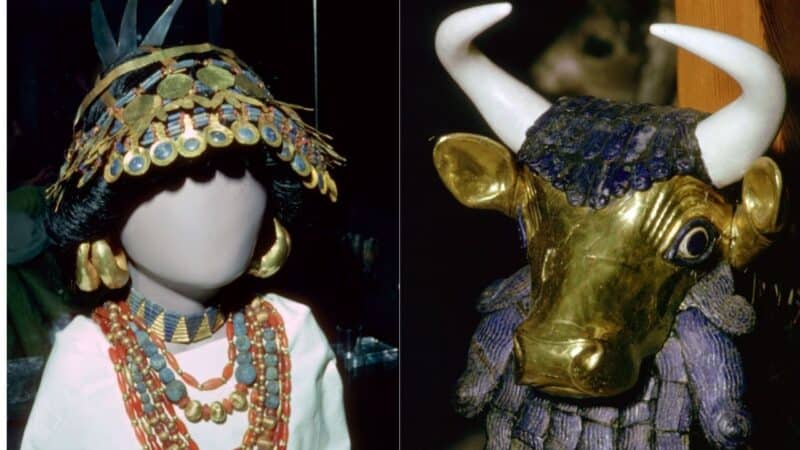 Joias do 'Cemitério Real' em Ur, Suméria; ao lado, detalhe da lira da rainha de Ur - Crédito: Getty Images