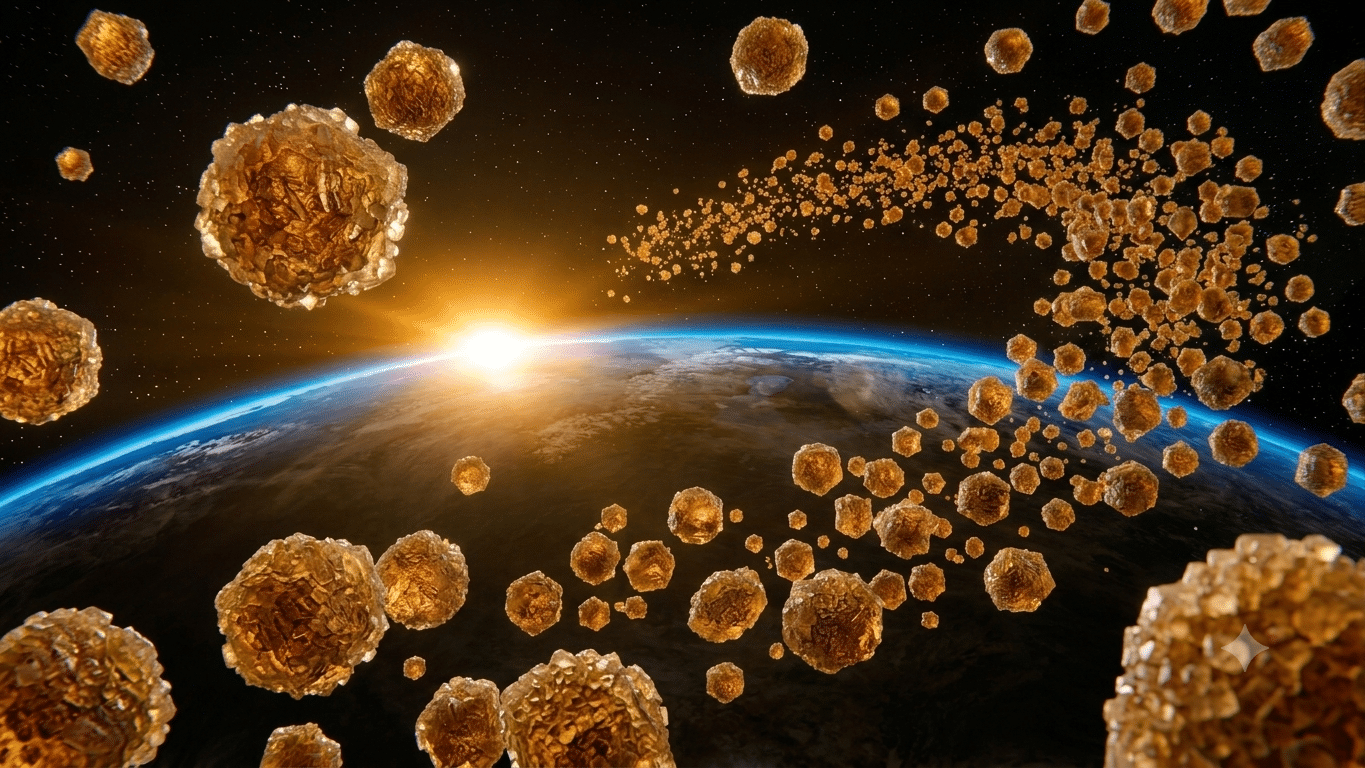 Ilustração de uma nuvem molecular da Via Láctea com moléculas orgânicas destacadas e estrelas ao fundo. Foto: Gemini.
