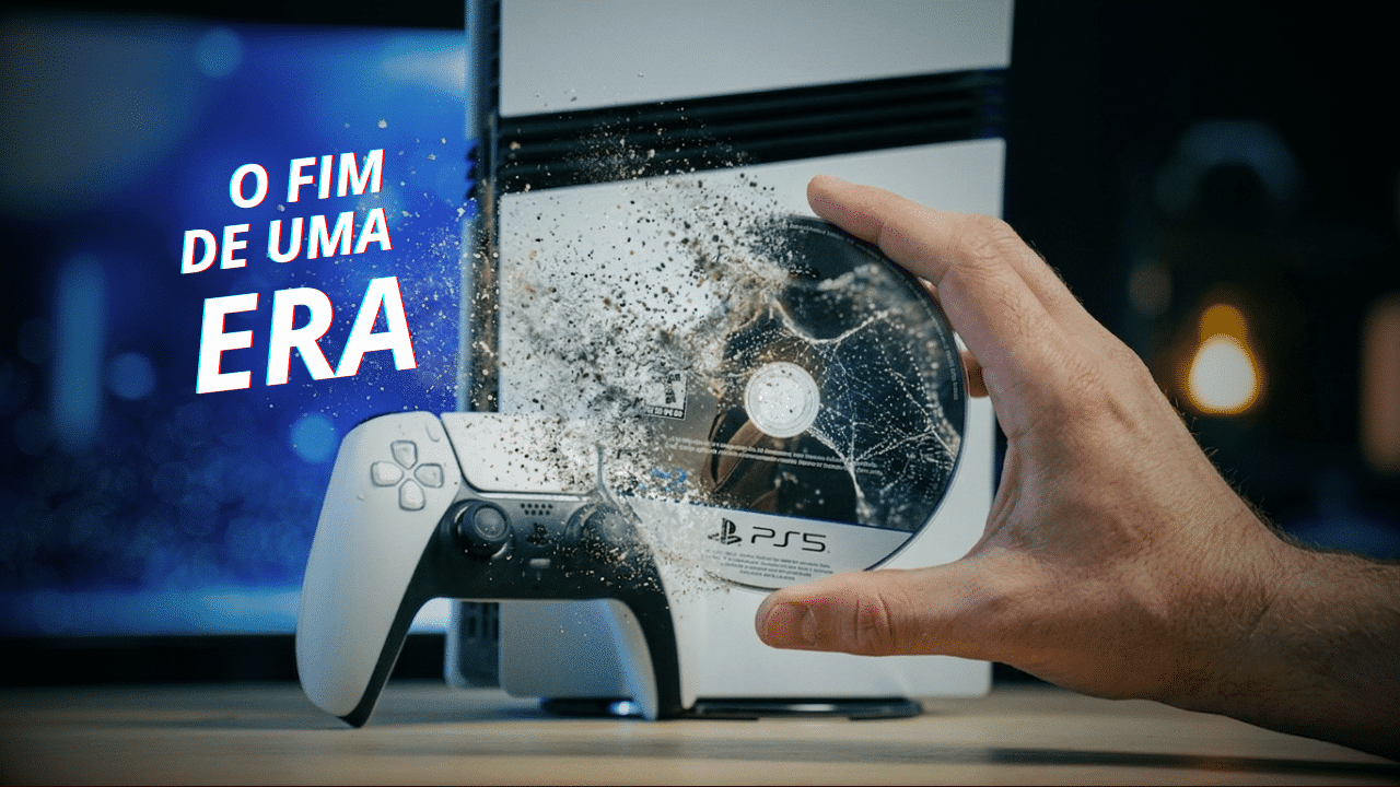 Console PlayStation com discos físicos se desfazendo em partículas digitais
