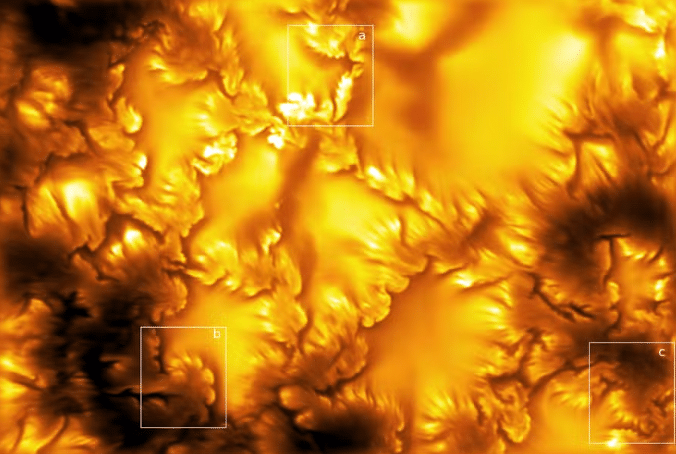 A imagem de mais alta resolução da superfície do Sol (fotosfera) já capturada, obtida em 416 nm pelo Telescópio Solar Inouye. Ela revela limites deformados de elementos magnéticos e faixas em escala ultrafina, ambos associados à instabilidade de Kelvin-Helmholtz. — Foto: NSF/NSO/AURA/MPS
