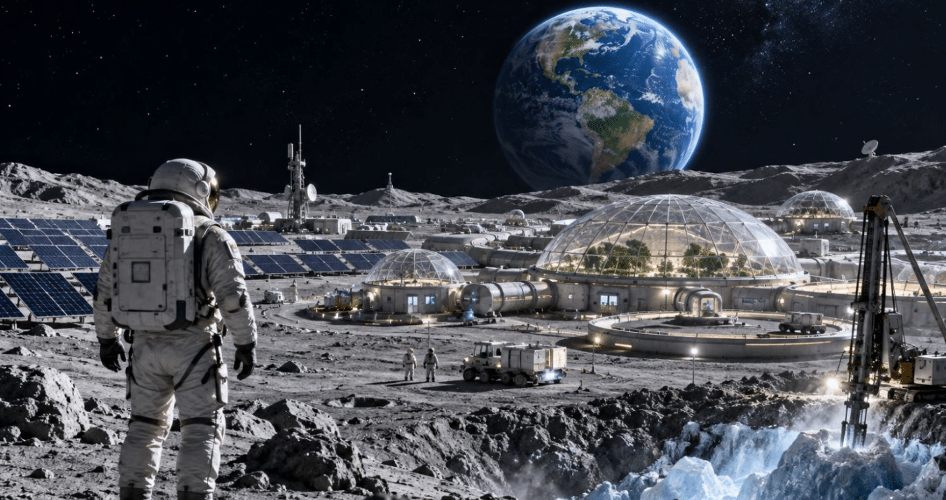 Cidades na Lua enfrentariam desafios relacionados à água, energia, radiação e às condições extremas da superfície lunar. Foto: Reprodução.