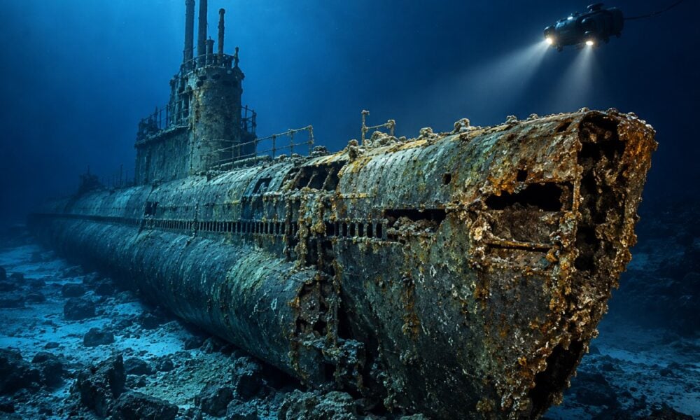 Submarino USS Herring é identificado no fundo do Pacífico, revelando detalhes sobre seu naufrágio na Segunda Guerra Mundial. - Imagem ilustrativa criada por inteligência artificial.