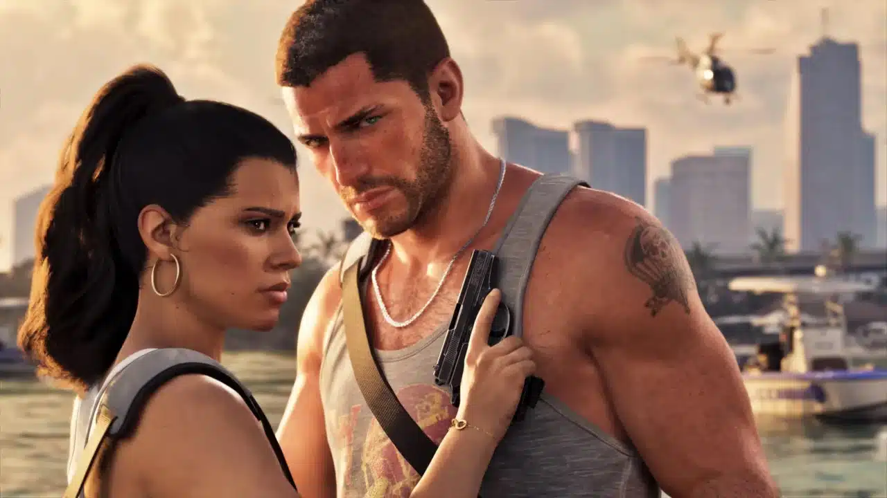 Arte oficial de GTA 6 com Lucia e Jason em Vice City. Foto: Rockstar/Reprodução.